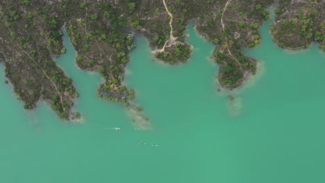 Aerial-top-view-of-lake-Saint-Cassien-sport-rowing-teams-training-France-Var